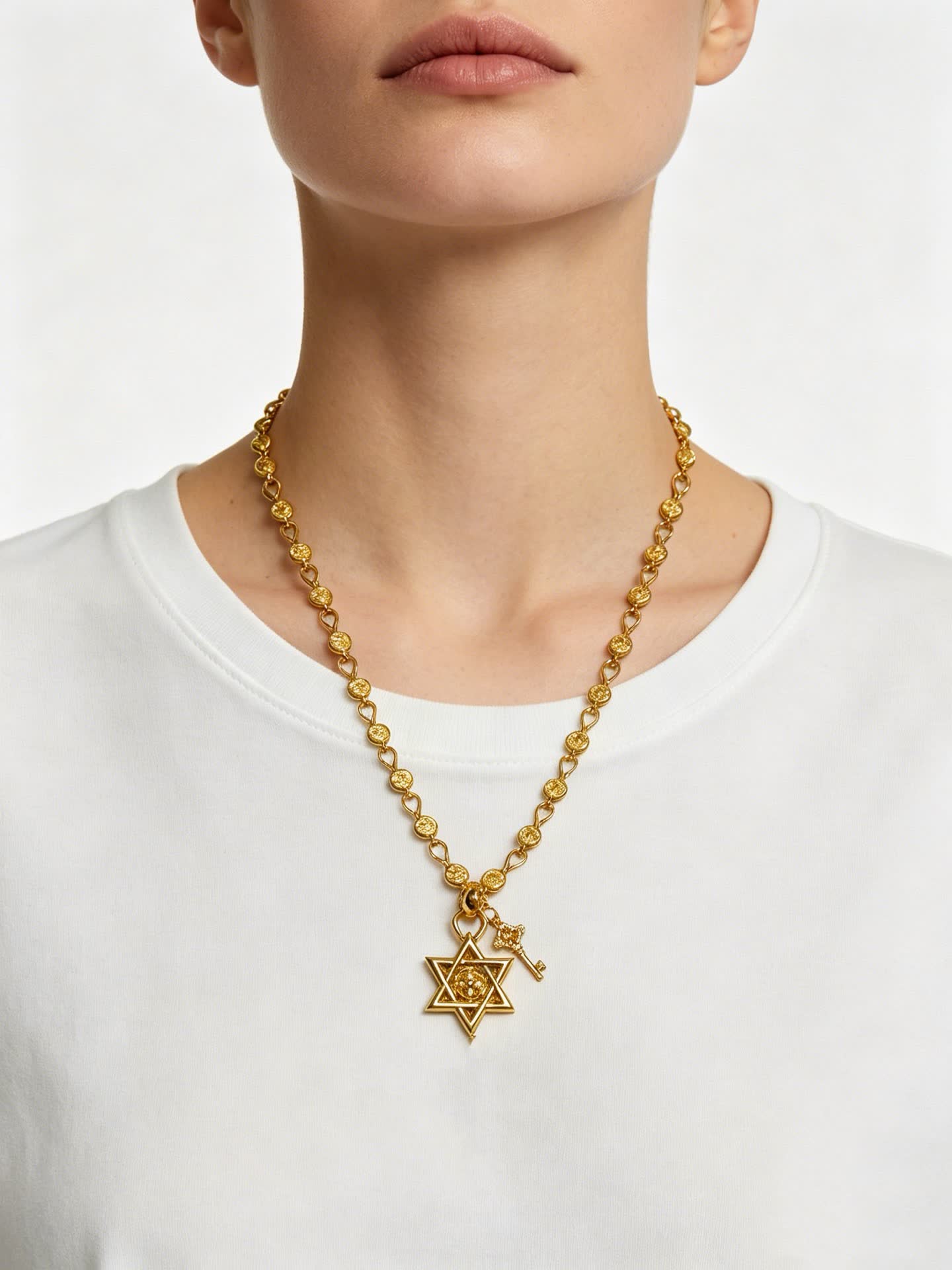 Chrome Hearts Gold-Plated Star of David Necklace with Key Charm